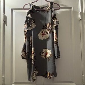 Umgee Gray Floral Cold-Shoulder Long Sleeve Dress